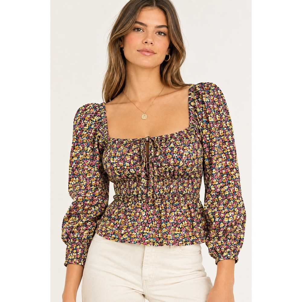 J.Crew Liberty Fabric Floral Smocked Peplum Top Square Neck Pink Yellow Size 4